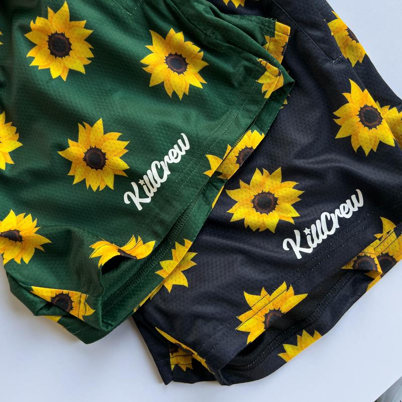 Kill Crew Muay Thai Shorts - Sunflower - Green, Unisex, Mid Thigh Cut, Pockets, Gym Shorts, Elastic Waistband, Long drawcord with wax tips