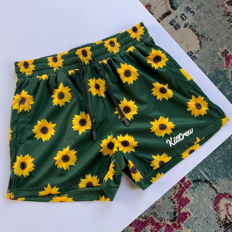 Kill Crew Muay Thai Shorts - Sunflower - Green, Unisex, Mid Thigh Cut, Pockets, Gym Shorts, Elastic Waistband, Long drawcord with wax tips