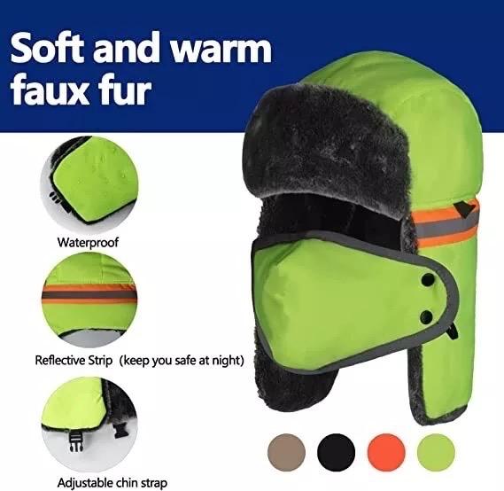 Russian Aviator Thermal Fur Ski Cap with Hi Vis Winter Outdoor Trapper Hat Face Mask for Men breathable balaclava