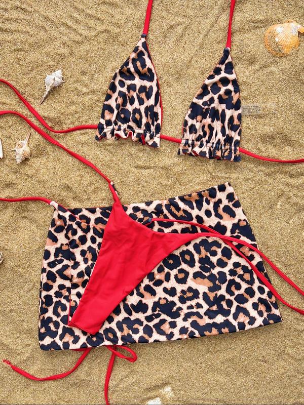 Three-Piece Set Women's Leopard Print Halter Bikini Top & Tie Side Thong & Cover Up Skirt Set, Sexy Swimsuit Set for Beach Holiday Vacation, Ladies Swimwear for All Seasons