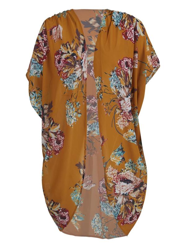 Women's Floral Print Batwing Sleeve Kimono, Casual Half Sleeve Open Front Kimono for Summer, Ladies Swimwear for Beach Holiday Vacation