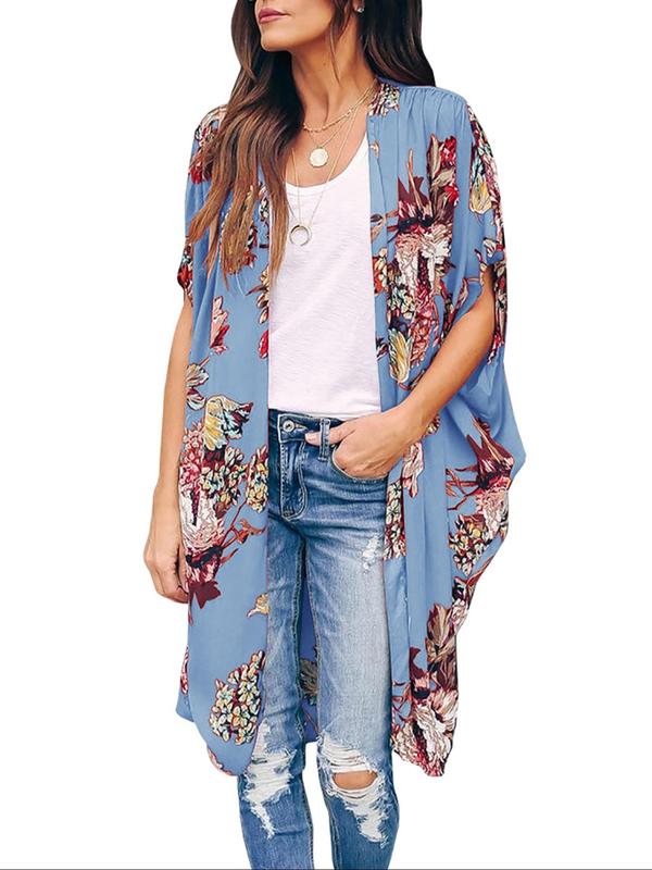 Women's Floral Print Batwing Sleeve Kimono, Casual Half Sleeve Open Front Kimono for Summer, Ladies Swimwear for Beach Holiday Vacation