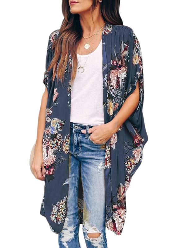 Women's Floral Print Batwing Sleeve Kimono, Casual Half Sleeve Open Front Kimono for Summer, Ladies Swimwear for Beach Holiday Vacation