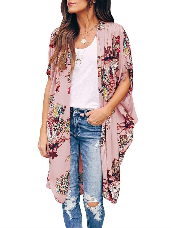 Women's Floral Print Batwing Sleeve Kimono, Casual Half Sleeve Open Front Kimono for Summer, Ladies Swimwear for Beach Holiday Vacation