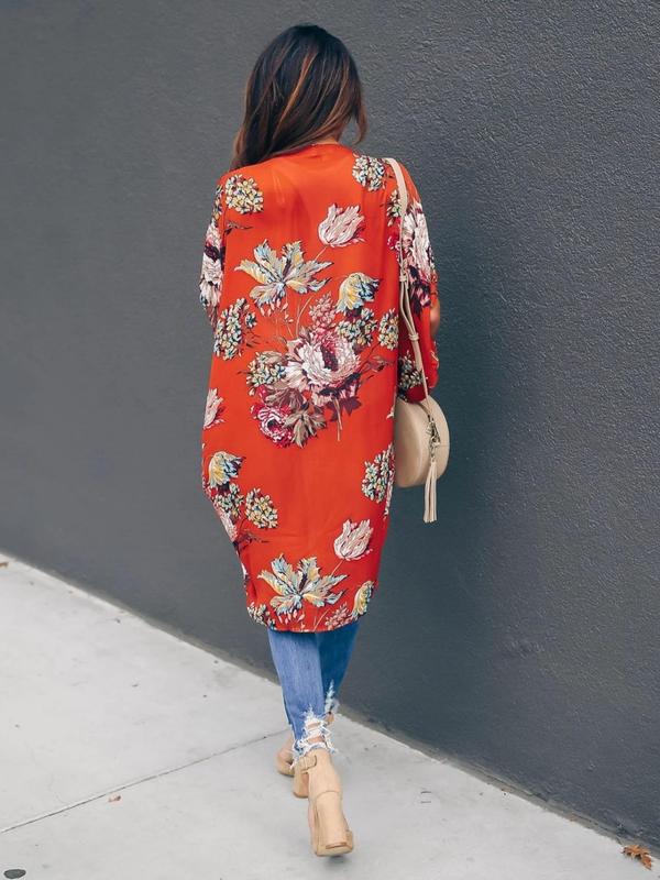 Women's Floral Print Batwing Sleeve Kimono, Casual Half Sleeve Open Front Kimono for Summer, Ladies Swimwear for Beach Holiday Vacation