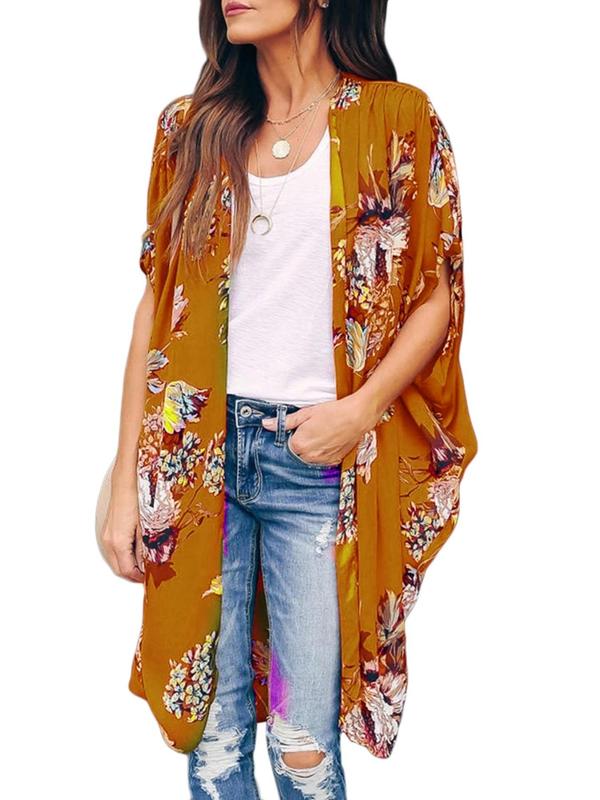 Women's Floral Print Batwing Sleeve Kimono, Casual Half Sleeve Open Front Kimono for Summer, Ladies Swimwear for Beach Holiday Vacation