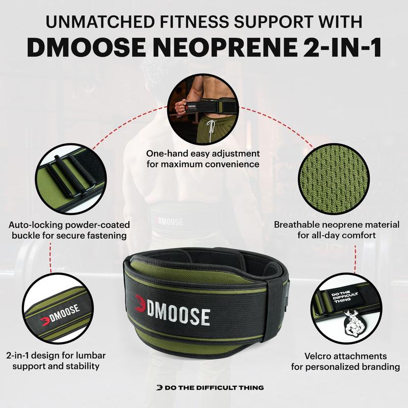 DMoose 2-in-1 Neoprene Belt for Weightlifting with Self-Locking Buckle and Velcro Attachment - Personalized Branding Option