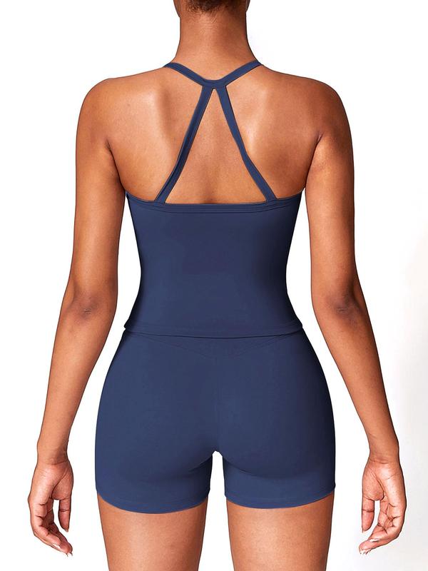 Women's Solid Backless Cami Top & High Waist Shorts Sportswear Set, Sporty Scoop Neck Sleeveless Top & High Stretch Shorts, Ladies Sportswear for Indoor Outdoor Wear