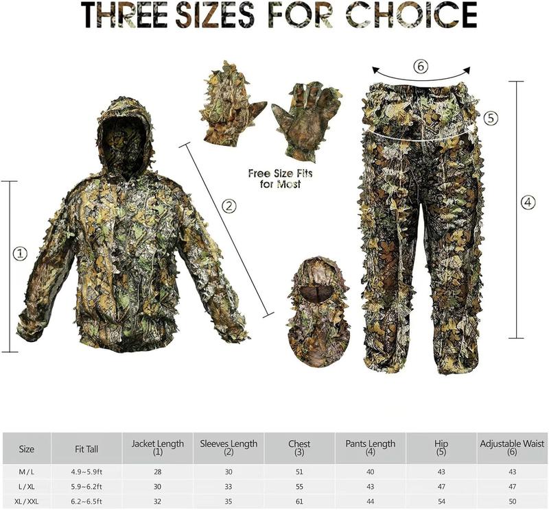 Ghillie Suit Camouflage Hunting Suits Outdoor 3D Leaf Lifelike Camo Clothing Lightweight Breathable Hooded Apparel