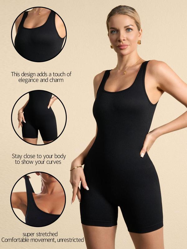 Women's Solid Square Neck Sports Romper, Casual Seamless Sleeveless Bodycon Romper for Yoga Gym Workout, Ladies Leotard Sportswear for All Seasons, Tummy Control