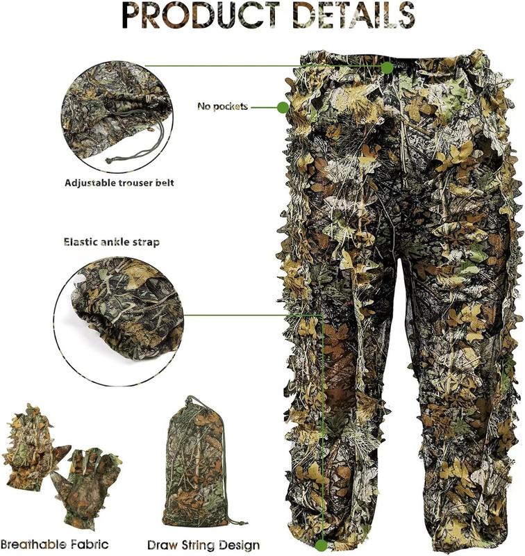 Ghillie Suit Camouflage Hunting Suits Outdoor 3D Leaf Lifelike Camo Clothing Lightweight Breathable Hooded Apparel