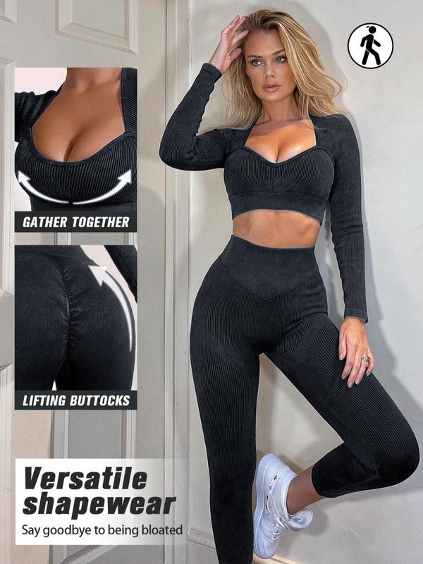 Women's Solid Long Sleeve Crop Tee & High Waist Leggings Tracksuit Set, Sporty Sweetheart Neck T-shirt & Skinny Pants, Spring & Fall Gym Clothes