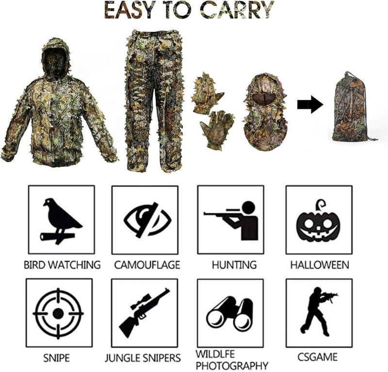 Ghillie Suit Camouflage Hunting Suits Outdoor 3D Leaf Lifelike Camo Clothing Lightweight Breathable Hooded Apparel