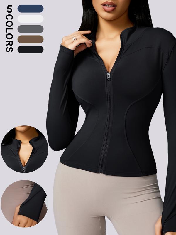 TIMEOFF Women's Plain Zip Up Funnel Neck Sports Jacket Comfort Basic Minimalist Solid Tight Long Sleeve Full Zip Sports Top Ladies Sportswear Clothing for Indoor Outdoor Wear