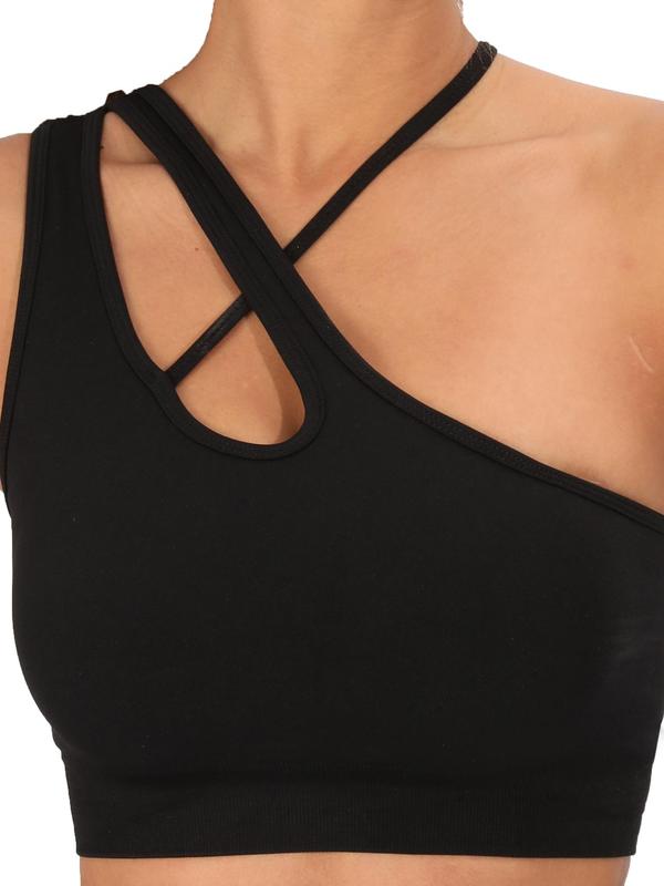 Women's Criss Cross Asymmetrical Neck Sports Bra, Solid Color One Shoulder Cut Out Wireless Sports Bra, High Stretch Seamless Yoga Top, Ladies Sportswear Clothing for Indoor Outdoor Wear