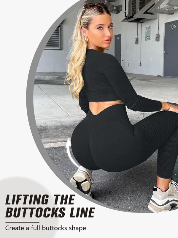 Women's Solid Long Sleeve Crop Tee & High Waist Leggings Tracksuit Set, Sporty Sweetheart Neck T-shirt & Skinny Pants, Spring & Fall Gym Clothes