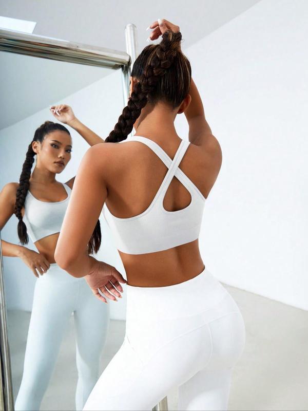 Women's Solid Criss Cross Back Sports Vest, Breathable Comfortable Sports Tank Top for Yoga Gym Workout, Ladies Sportswear for All Seasons