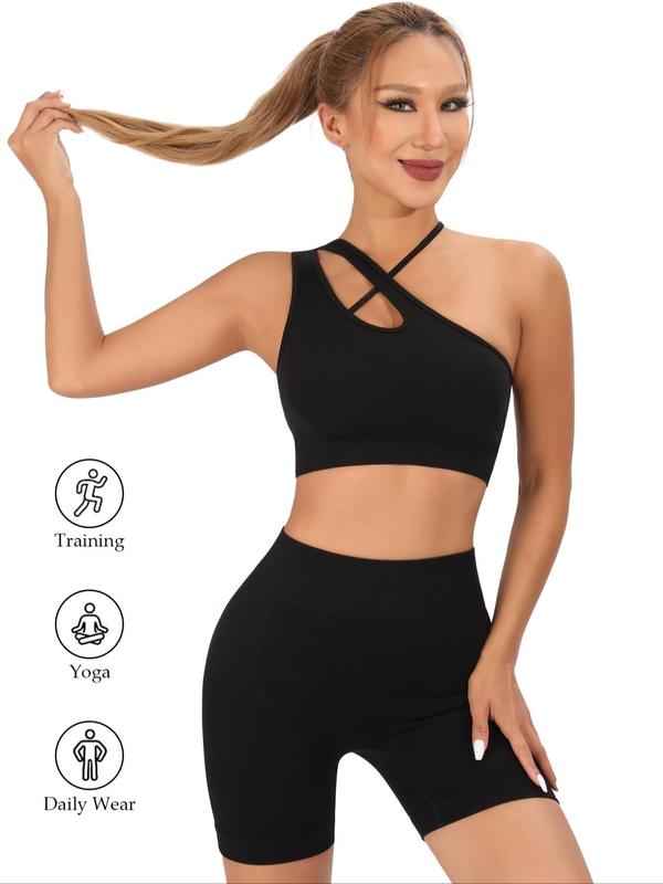 Women's Criss Cross Asymmetrical Neck Sports Bra, Solid Color One Shoulder Cut Out Wireless Sports Bra, High Stretch Seamless Yoga Top, Ladies Sportswear Clothing for Indoor Outdoor Wear