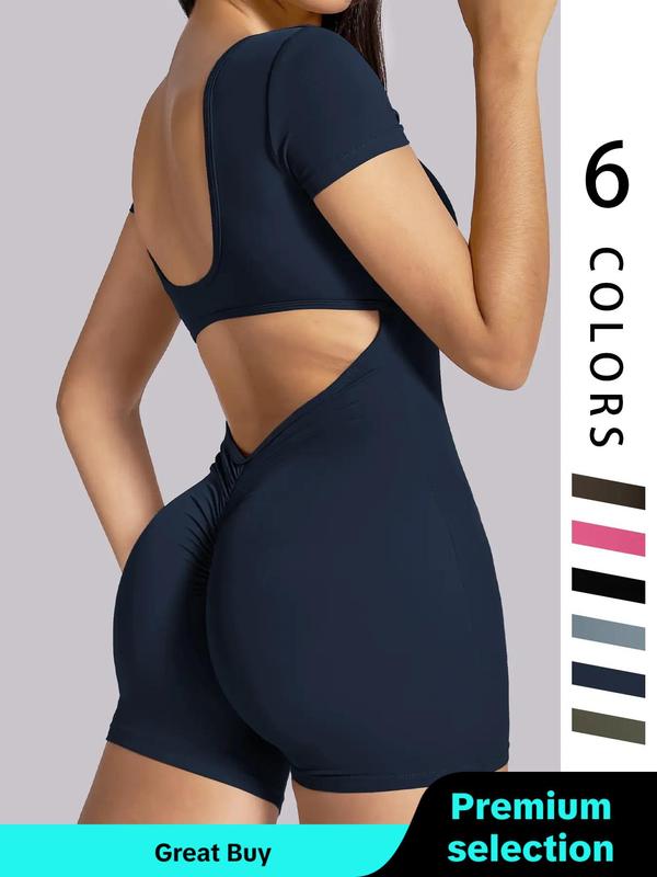 Solid Cut Out Backless Ruched Sports Romper, Sporty Scoop Neck Short Sleeve Bodycon Romper for Summer, Rompers for Women, Workout Clothing, Ladies Sportswear for Yoga Gym Fitness, Tummy Control