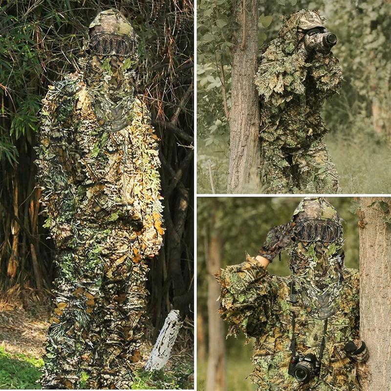 Ghillie Suit Camouflage Hunting Suits Outdoor 3D Leaf Lifelike Camo Clothing Lightweight Breathable Hooded Apparel