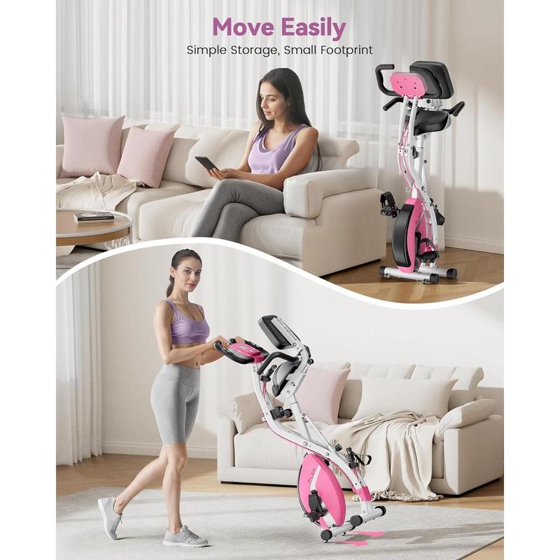 PLENY Folding Exercise Bike, Indoor Stationary Bike 16-Level Magnetic Resistance with Arm Resistance Band, Back Support Cushion Workout Bike for Home Workout Gym