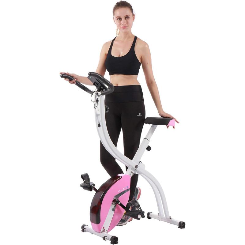 PLENY Folding Exercise Bike, Indoor Stationary Bike 16-Level Magnetic Resistance with Arm Resistance Band, Back Support Cushion Workout Bike for Home Workout Gym