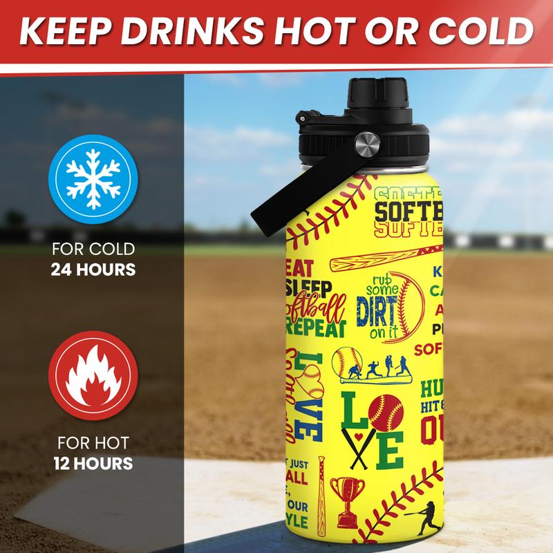 SANDJEST Softball Gift Water Bottle With Lid, 32oz Insulated Stainless Steel Sport Bottles - Gift for Softball Players Fan Coach