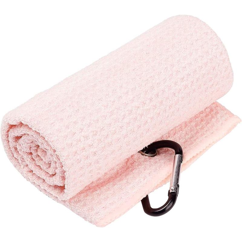 Golf Towels, Microfiber Waffle Pattern Tri-fold Golf Towel - Brush Tool Kit with Club Groove Cleaner, with Clip Men Women Golf Gifts (Pink Towel+Black Brush)