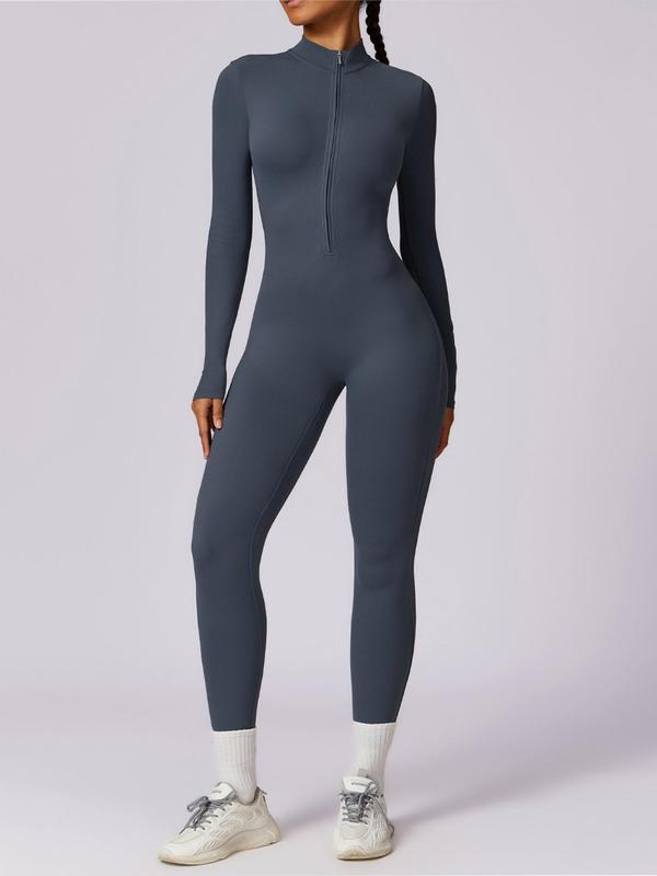 Women's Solid Zip Up Long Sleeve Coverage Sports Jumpsuit, Casual Sporty Comfy Secure Zipper Jumpsuit for Yoga Gym Workout, Compression Garment, Ladies Sportswear for All Seasons, Dance Clothes, Tummy Control