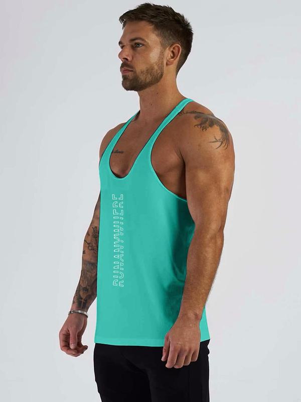 Men's Letter Print U Neck Sports Tank Top, Breathable Quick Drying Sleeveless Sports Vest Top, Men's Sportswear Clothing for Indoor Outdoor Wear, Summer Sports Top