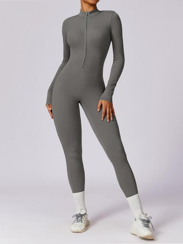 Women's Solid Zip Up Long Sleeve Coverage Sports Jumpsuit, Casual Sporty Comfy Secure Zipper Jumpsuit for Yoga Gym Workout, Compression Garment, Ladies Sportswear for All Seasons, Dance Clothes, Tummy Control