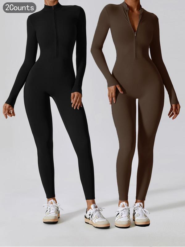 Women's Solid Zip Up Long Sleeve Coverage Sports Jumpsuit, Casual Sporty Comfy Secure Zipper Jumpsuit for Yoga Gym Workout, Compression Garment, Ladies Sportswear for All Seasons, Dance Clothes, Tummy Control