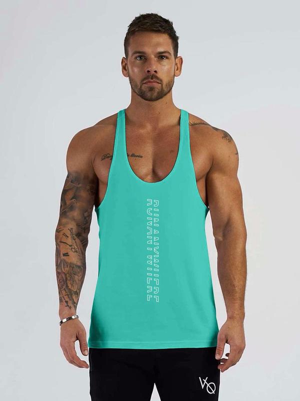 Men's Letter Print U Neck Sports Tank Top, Breathable Quick Drying Sleeveless Sports Vest Top, Men's Sportswear Clothing for Indoor Outdoor Wear, Summer Sports Top