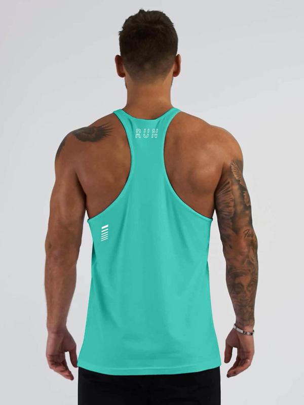 Men's Letter Print U Neck Sports Tank Top, Breathable Quick Drying Sleeveless Sports Vest Top, Men's Sportswear Clothing for Indoor Outdoor Wear, Summer Sports Top