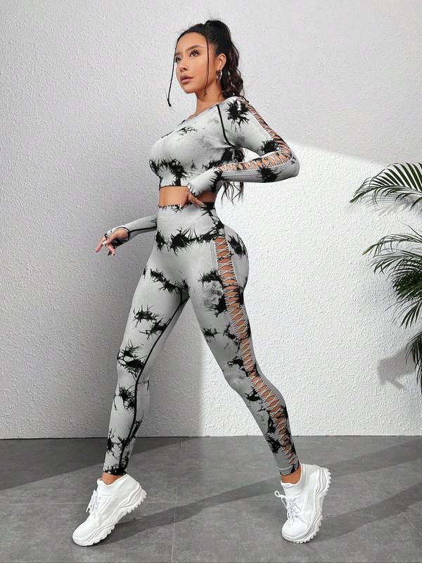 Two-Piece Set Women's Tie Dye Print Hollow Out Long Sleeve Crop Tee & High Waist Leggings Tracksuit Set, Sporty Round Neck Raglan Sleeve Top & Pants Sports Set Fall Outfits