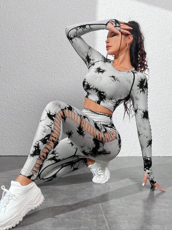 Two-Piece Set Women's Tie Dye Print Hollow Out Long Sleeve Crop Tee & High Waist Leggings Tracksuit Set, Sporty Round Neck Raglan Sleeve Top & Pants Sports Set Fall Outfits