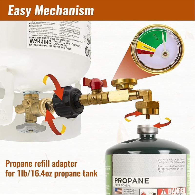 Propane Refill Adapter with Valve & Gauge, Fits QCC1   Type1 Propane Tank and 1 lb Throwaway Disposable Cylinder Propane Bottle Connector