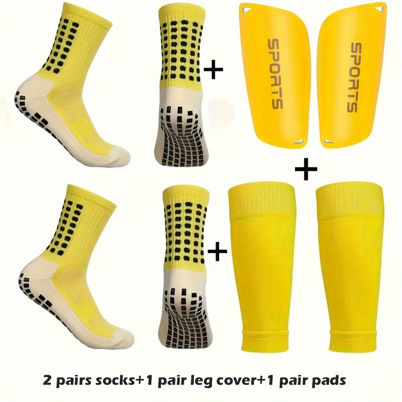 2 Pairs of Mid-Tube Anti-Slip Socks Plus 1 Pair of Protective Covers and 1 Pair of Shin Guards - Professional Training Football Socks with Machine Wash, Solid Color, Knit Fabric, and Tube Socks Design for Men and Women