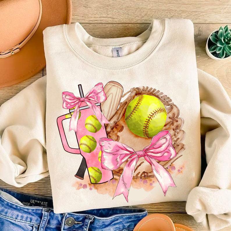 Softball Coquette Bow Sweatshirt, Soft Girl Era Shirt, Coquette Pink Bow Softball T-Shirt, Softball Mom Shirt, Sport Girl Tee