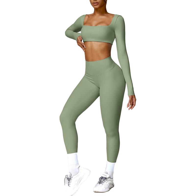 Women's 2 Piece Workout Set - Twist Front Long Sleeve Crop Top and High Waist Flared Leggings in Solid Color Nylon Elastane