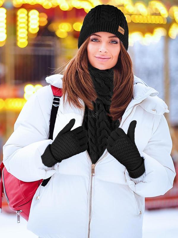 Winter Warm Knit Scarf Beanie Hat Touchscreen Gloves Set Warmer Long Scarf Set for Men and Women