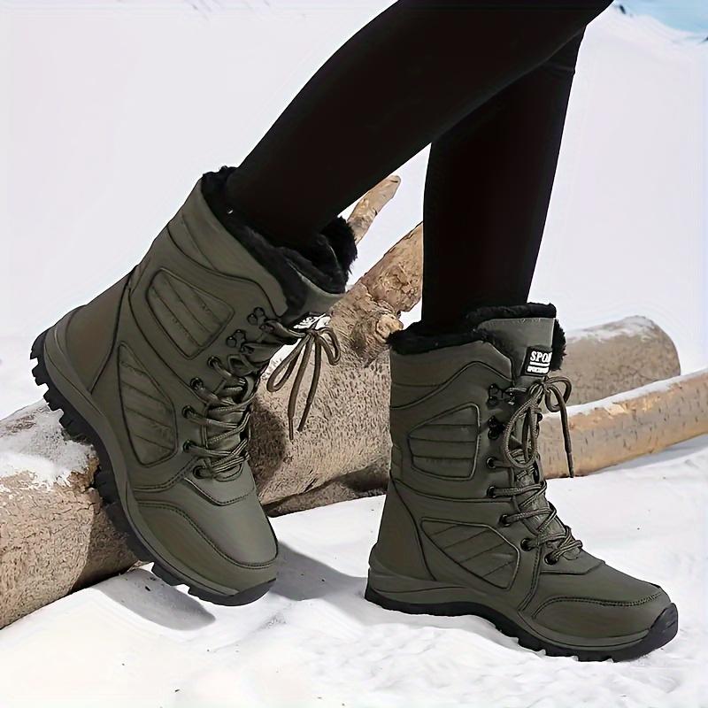 Women's Winter Mid-Calf Snow Boots, Warmth Retention Material Lining, Durable Non-Slip Outdoor Hiking Shoes, Solid Color, Standard Toe Holder, Ultra-Fine Artificial Leather, Brie, Rubber Sole, Random Printing.