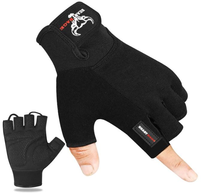 BEAST RAGE Workout Gloves for Men, Durable Palm Grip Gym Gloves Women Half Finger Elasticated Training Weight Lifting Strength Bodybuilding Anti Slip Cycling Gloves Exercise - Size L