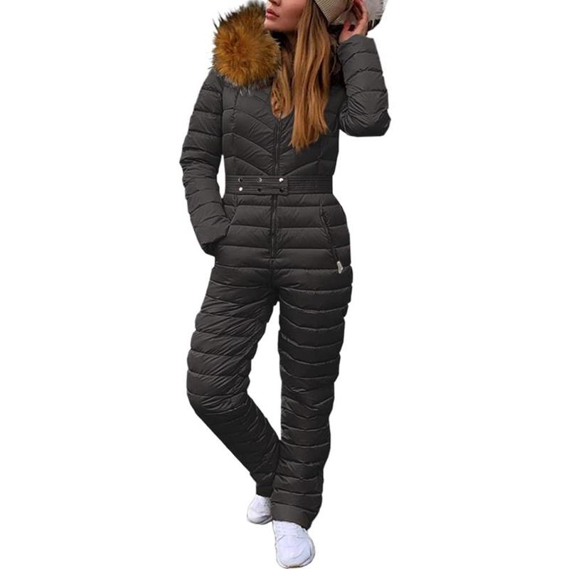 Tankaneo Womens One Piece Ski Suits Winter Outdoor Sports Jumpsuit Fur Collar Coat Windproof Waterproof Hooded Snowsuit