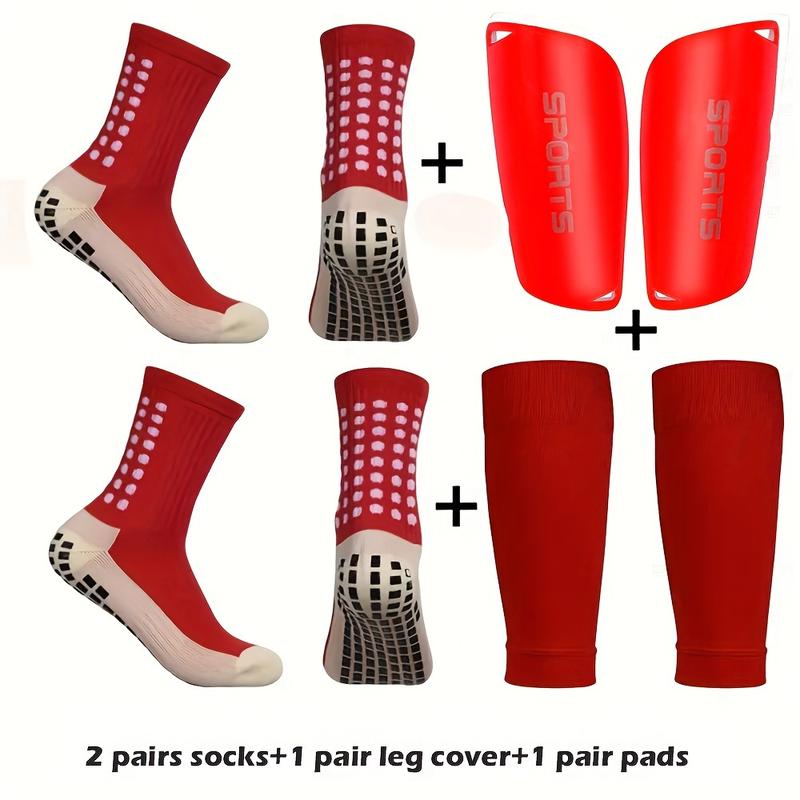 2 Pairs of Mid-Tube Anti-Slip Socks Plus 1 Pair of Protective Covers and 1 Pair of Shin Guards - Professional Training Football Socks with Machine Wash, Solid Color, Knit Fabric, and Tube Socks Design for Men and Women