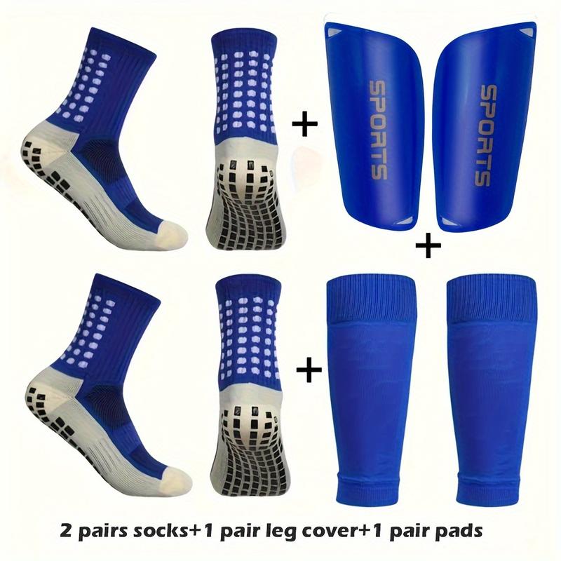 2 Pairs of Mid-Tube Anti-Slip Socks Plus 1 Pair of Protective Covers and 1 Pair of Shin Guards - Professional Training Football Socks with Machine Wash, Solid Color, Knit Fabric, and Tube Socks Design for Men and Women