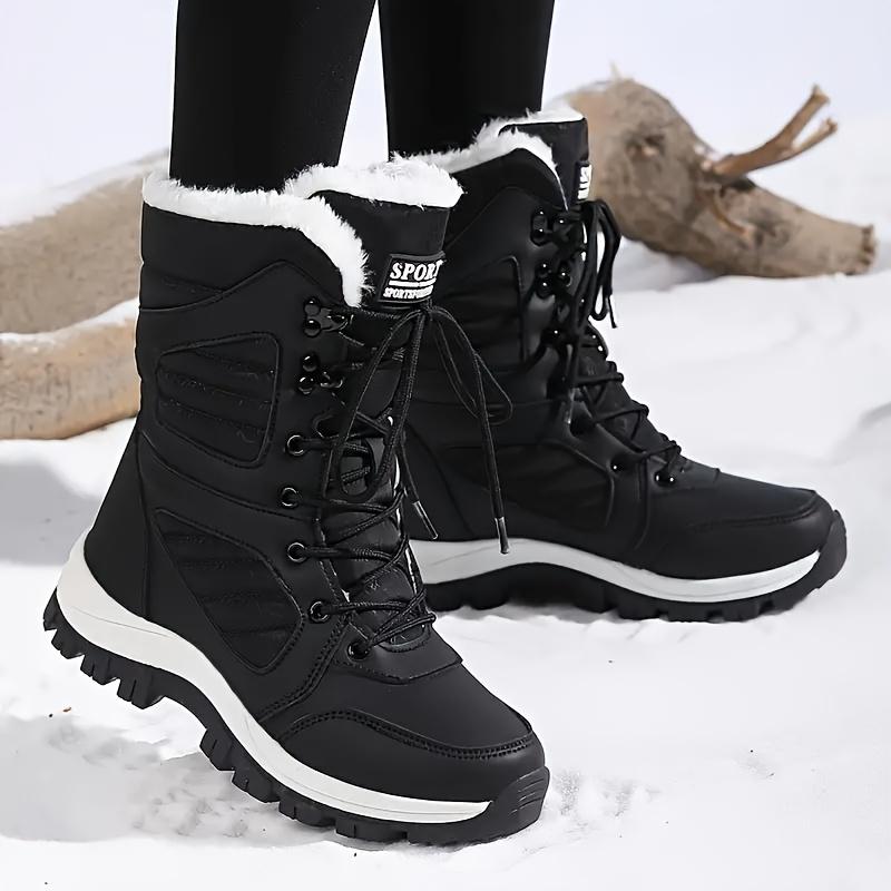 Women's Winter Mid-Calf Snow Boots, Warmth Retention Material Lining, Durable Non-Slip Outdoor Hiking Shoes, Solid Color, Standard Toe Holder, Ultra-Fine Artificial Leather, Brie, Rubber Sole, Random Printing.