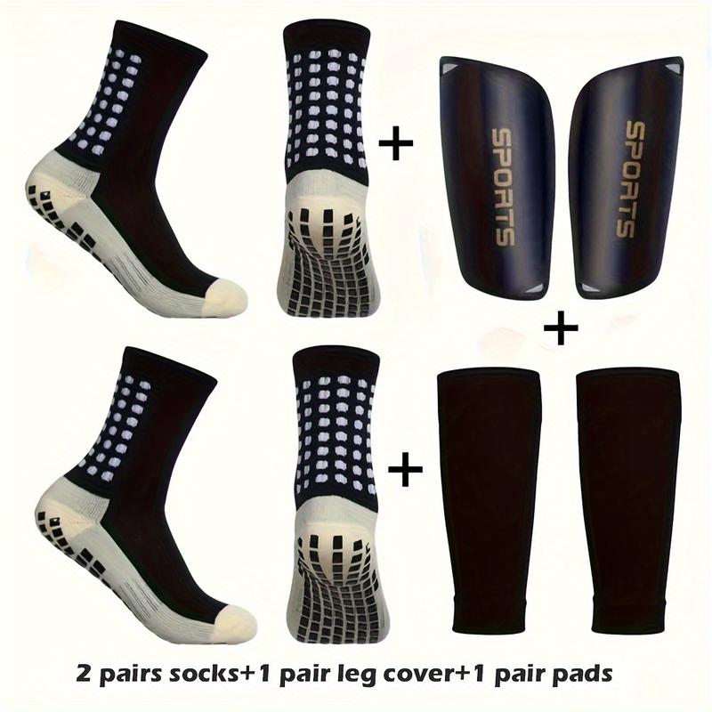 2 Pairs of Mid-Tube Anti-Slip Socks Plus 1 Pair of Protective Covers and 1 Pair of Shin Guards - Professional Training Football Socks with Machine Wash, Solid Color, Knit Fabric, and Tube Socks Design for Men and Women