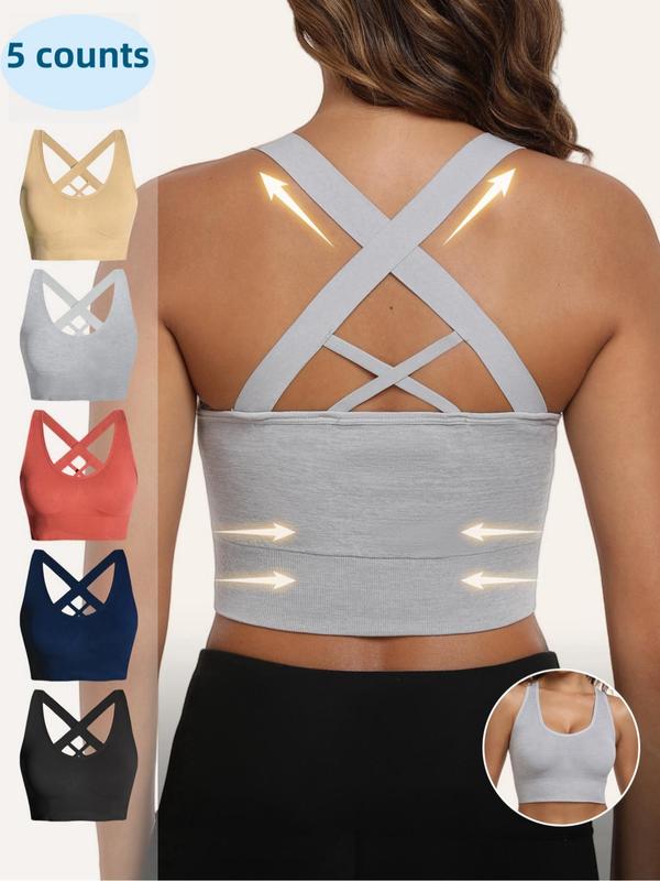 Women's Solid Criss Cross Backless Wireless Sports Bra, Breathable Comfortable Sports Bra with Removable Pads, Ladies Sportswear for Indoor Outdoor Wear