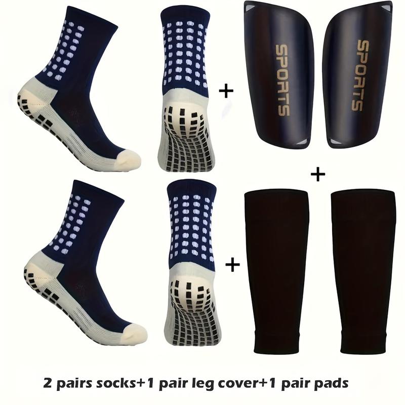 2 Pairs of Mid-Tube Anti-Slip Socks Plus 1 Pair of Protective Covers and 1 Pair of Shin Guards - Professional Training Football Socks with Machine Wash, Solid Color, Knit Fabric, and Tube Socks Design for Men and Women